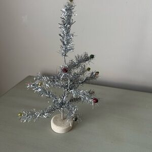 Vintage mini silver tinsel Christmas tree with mini ornaments made in Japan